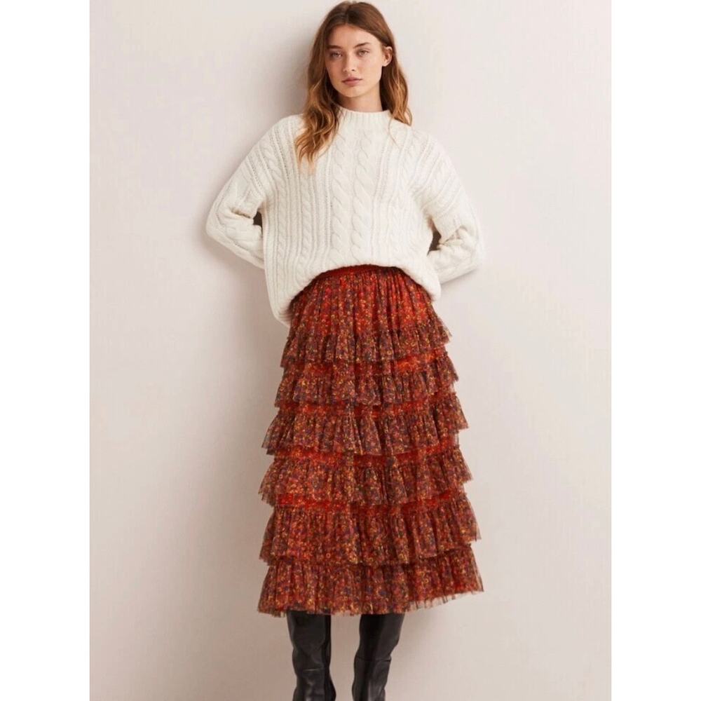 Boden Red Printed Ruffle Tulle Midi Skirt Size 6